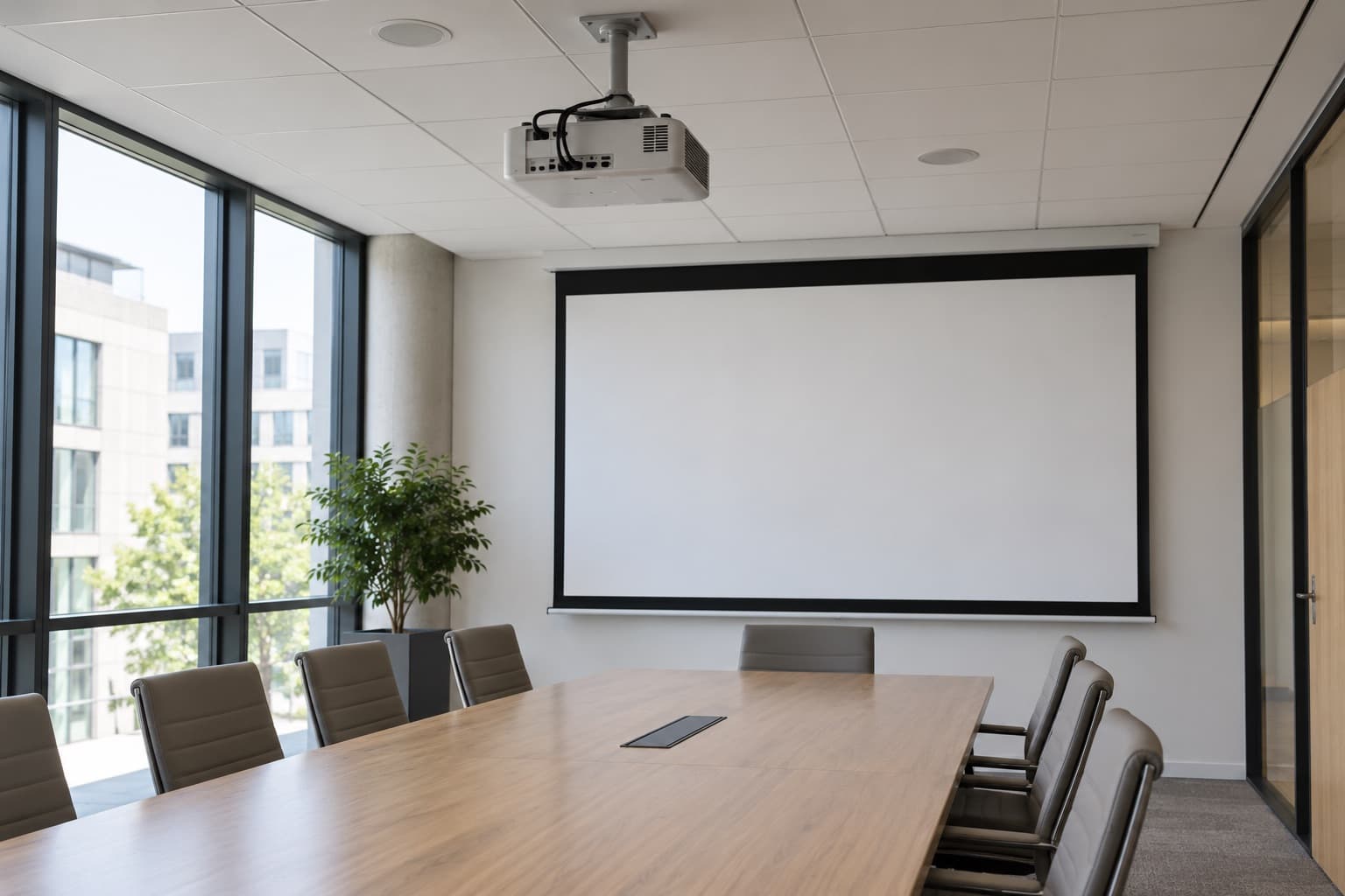 Illustrative visualisation of a ceiling projector in a conference room