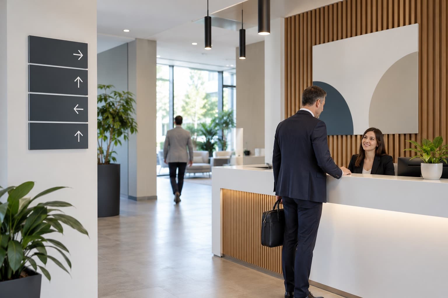 Illustrative visualisation of indoor signage in a reception area