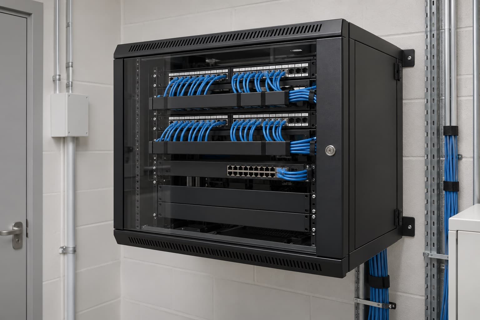 Illustrative visualisation of a network rack with organised patch panels