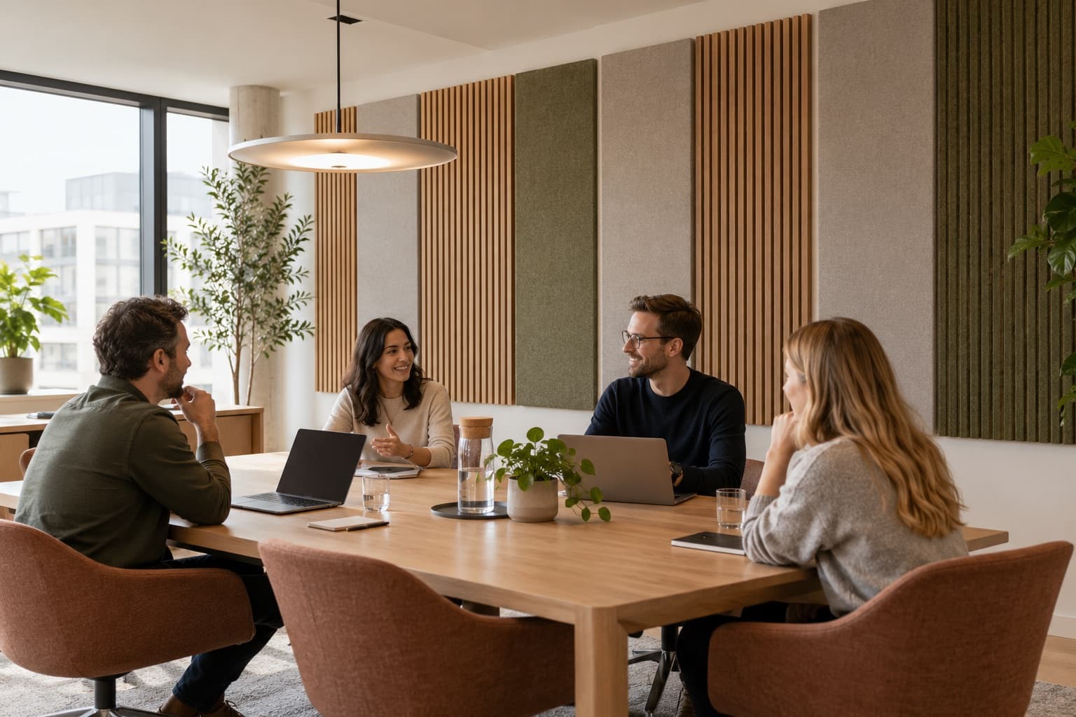 Illustrative visualisation of acoustic wall panels in a meeting room