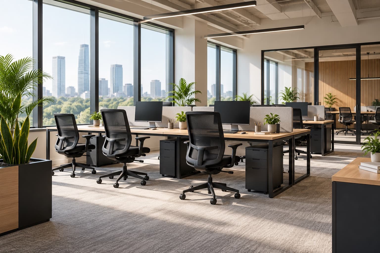 Illustrative visualisation of matching office chairs at workstations