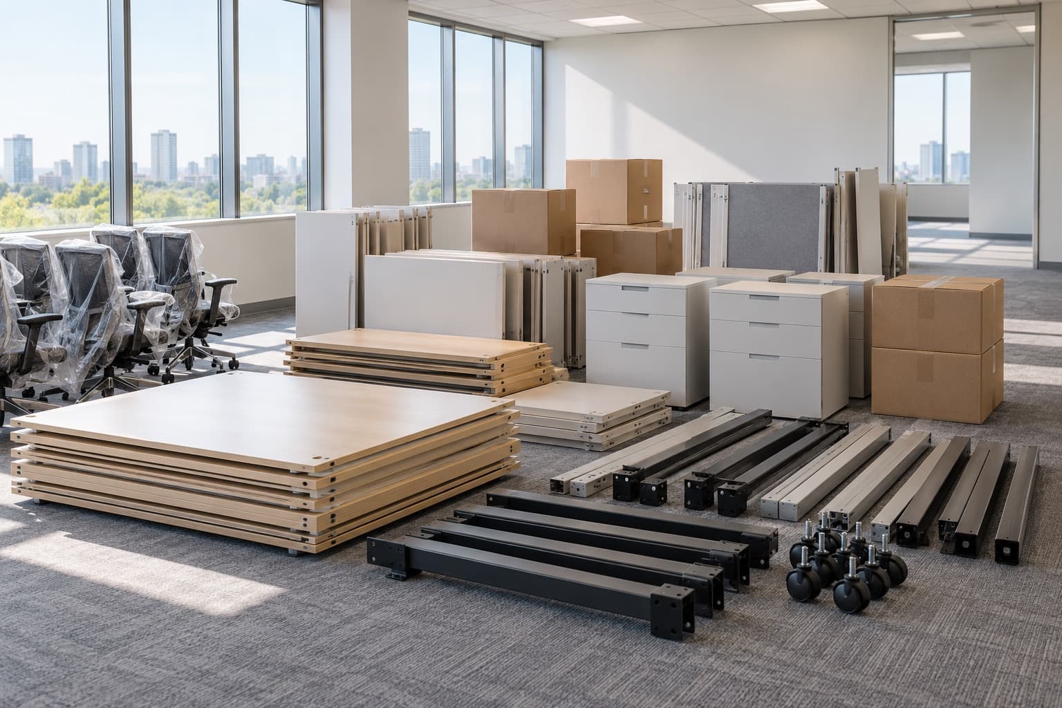 Illustrative visualisation of office equipment prepared for reassembly