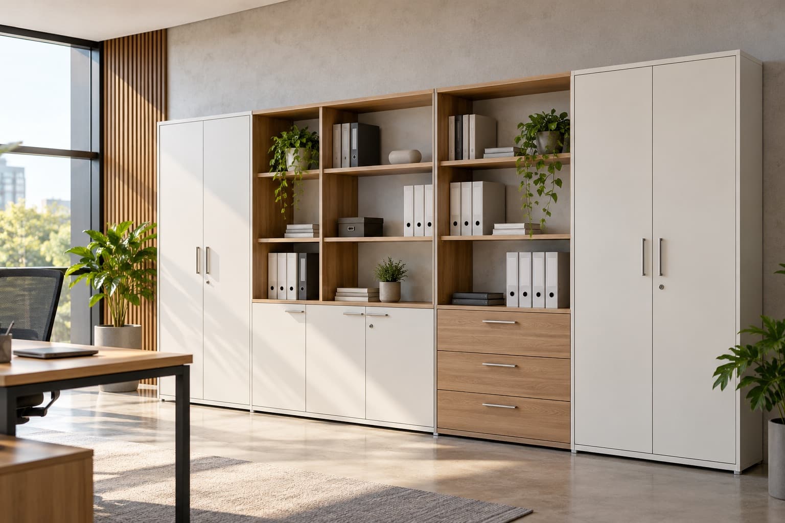 Illustrative visualisation of office cabinets and shelving