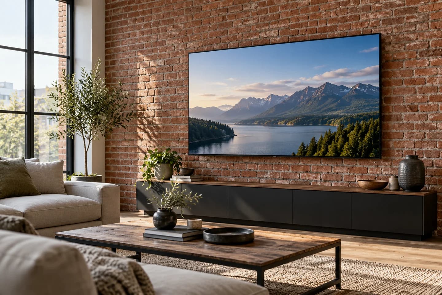 Illustrative interior with a television mounted against exposed brick