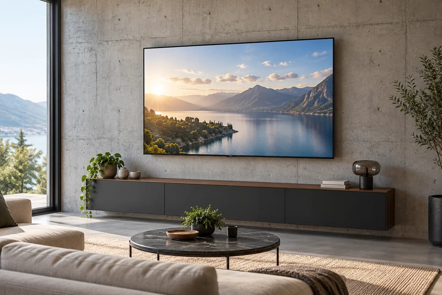 Illustrative television installation on a textured concrete wall